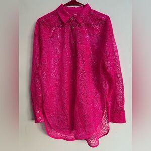 Anthropologie Hot Pink Metallic Button Up Lace Blouse